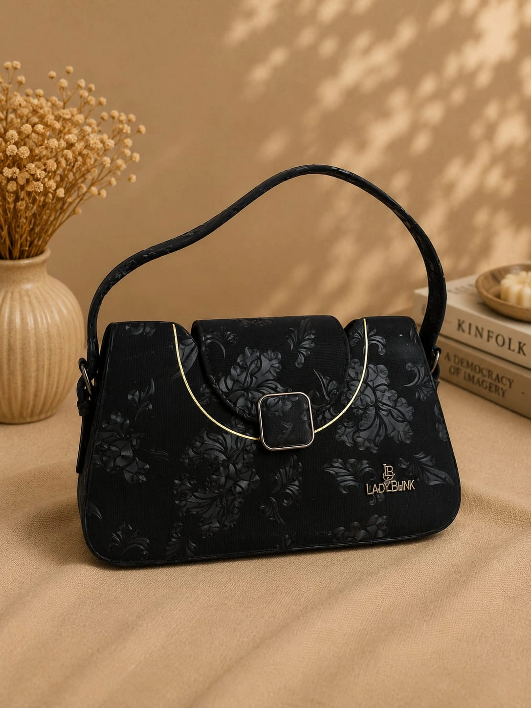 Elegant Floral Printed Shoulder Bag with Stylish Gold Detailing