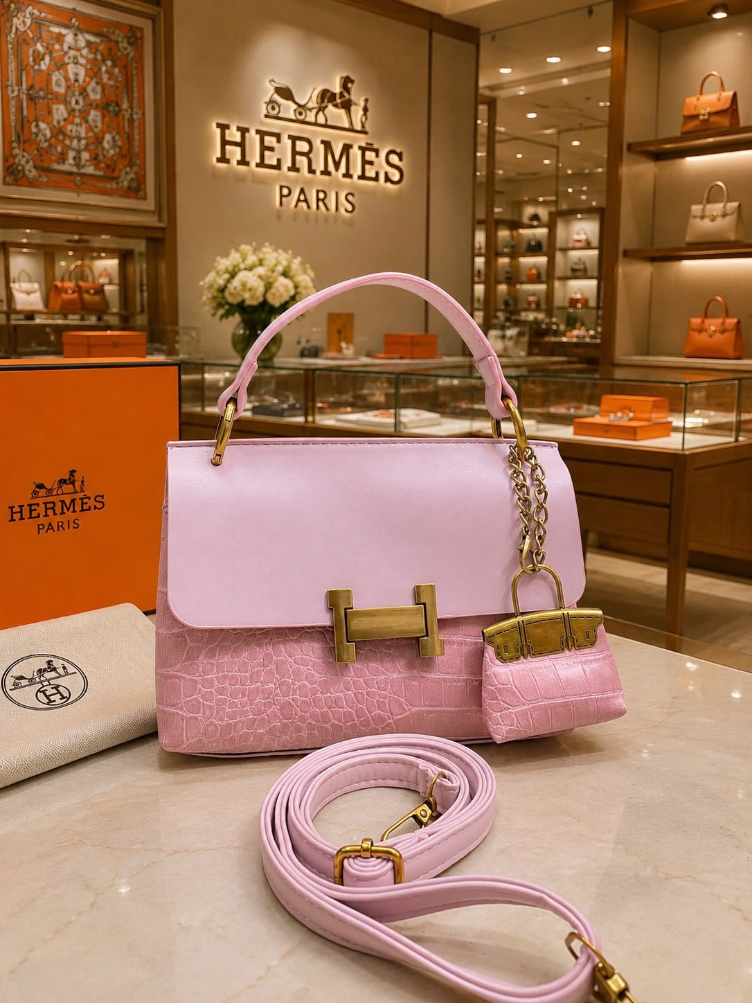HERMES Inspired VINTAGE Premium Quality Handbag with Keychain