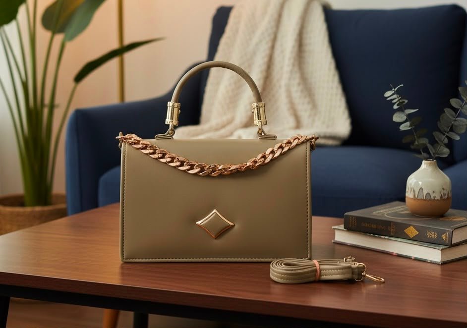 Premium Women’s Faux Leather Handbag with Gold Chain, Top Handle
