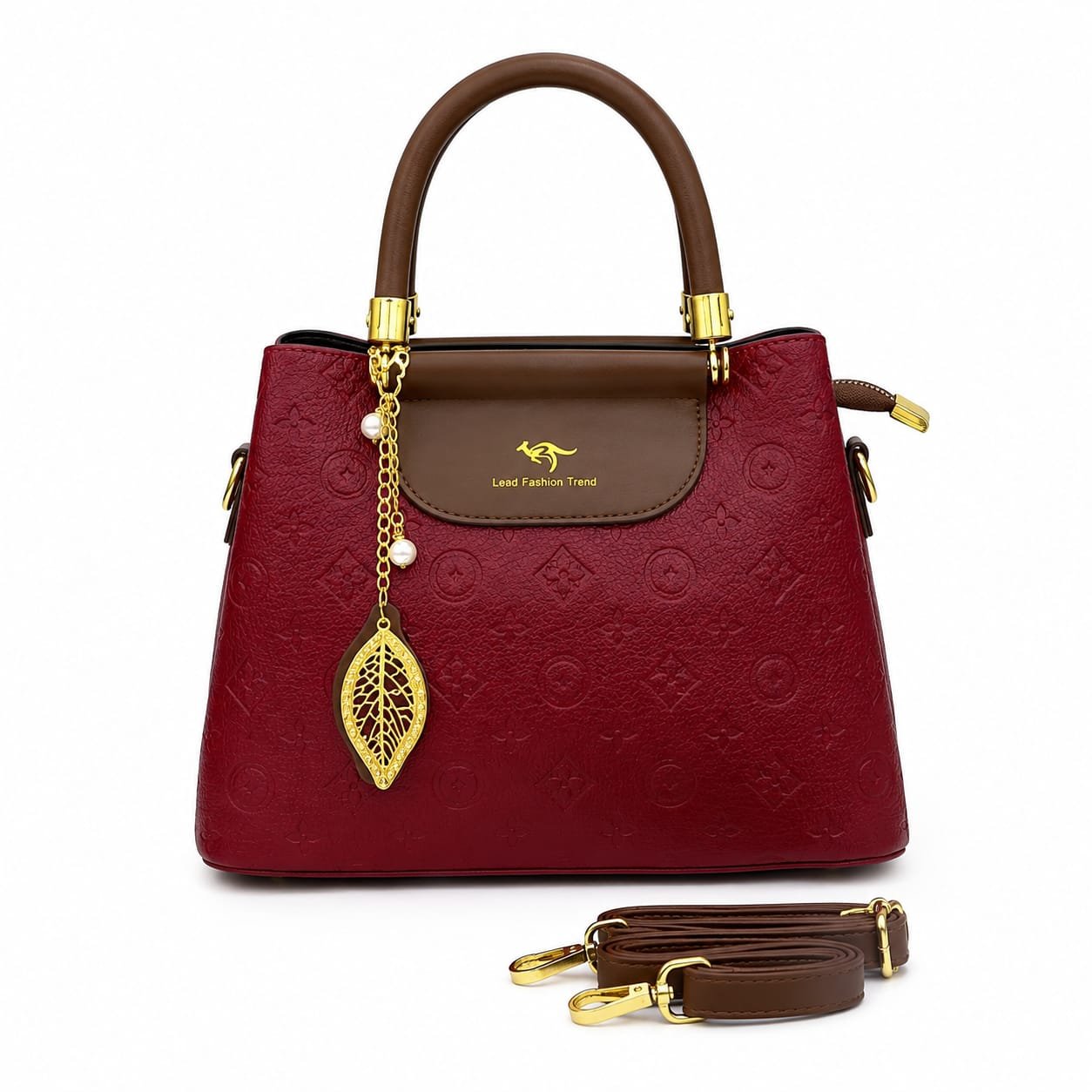 Women’s Premium Embossed Handbag with Gold Leaf Charm