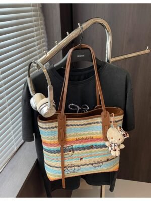 Women’s Multicolor Fabric Tote Bag with Teddy Bear Charm |