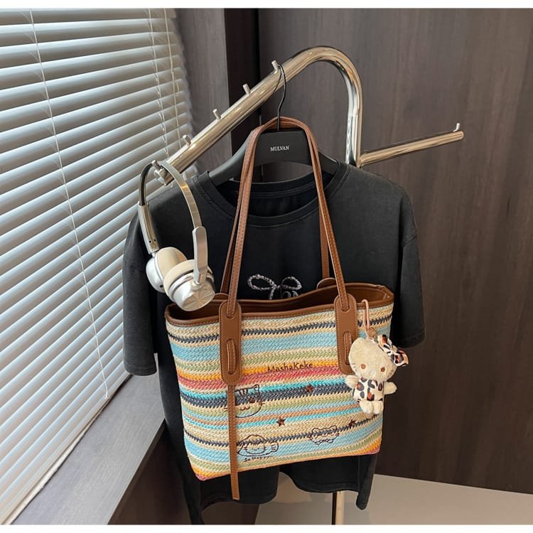 Women’s Multicolor Fabric Tote Bag with Teddy Bear Charm |
