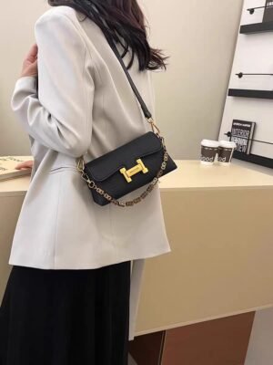 Women’s Textured Shoulder Bag with Gold-Tone Chain & Adjustable Strap