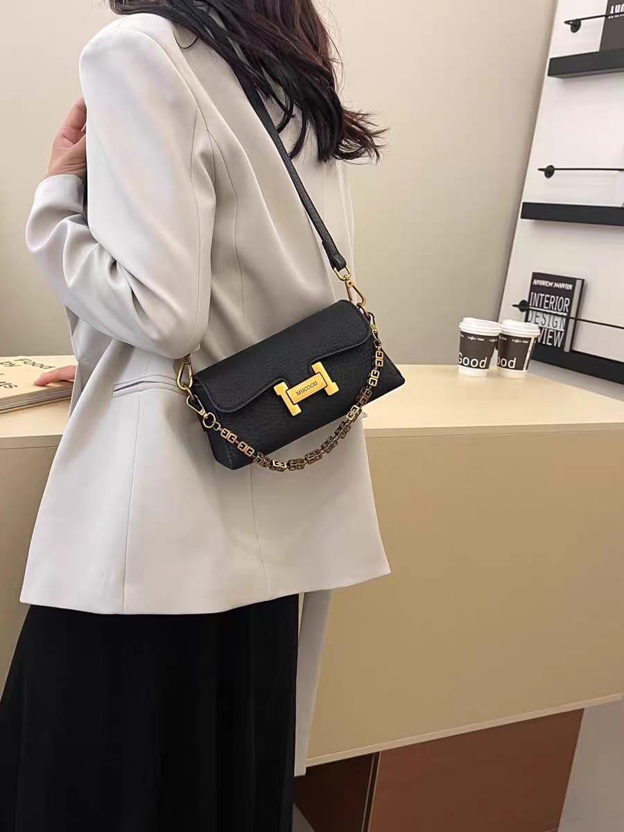 Women’s Textured Shoulder Bag with Gold-Tone Chain & Adjustable Strap