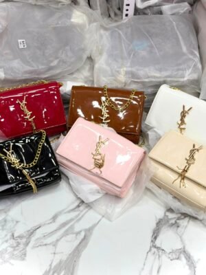 Women’s Glossy Patent Finish Chain Sling Bag with Gold-Tone Detail