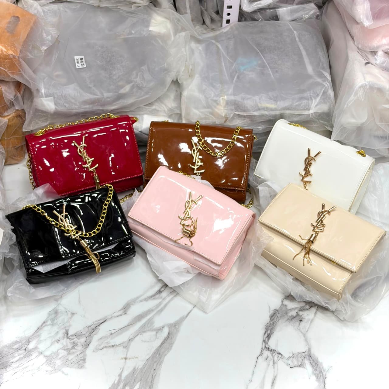 Women’s Glossy Patent Finish Chain Sling Bag with Gold-Tone Detail