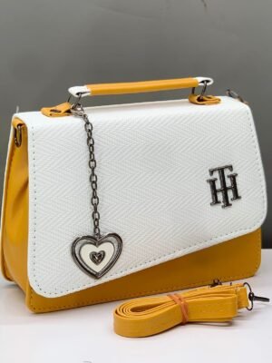 Stylish Women's White & Black Structured Handbag with Heart Charm