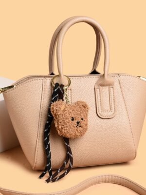 Women’s Premium Textured Handbag with Cute Teddy Bear Charm & Detachable Shoulder Strap