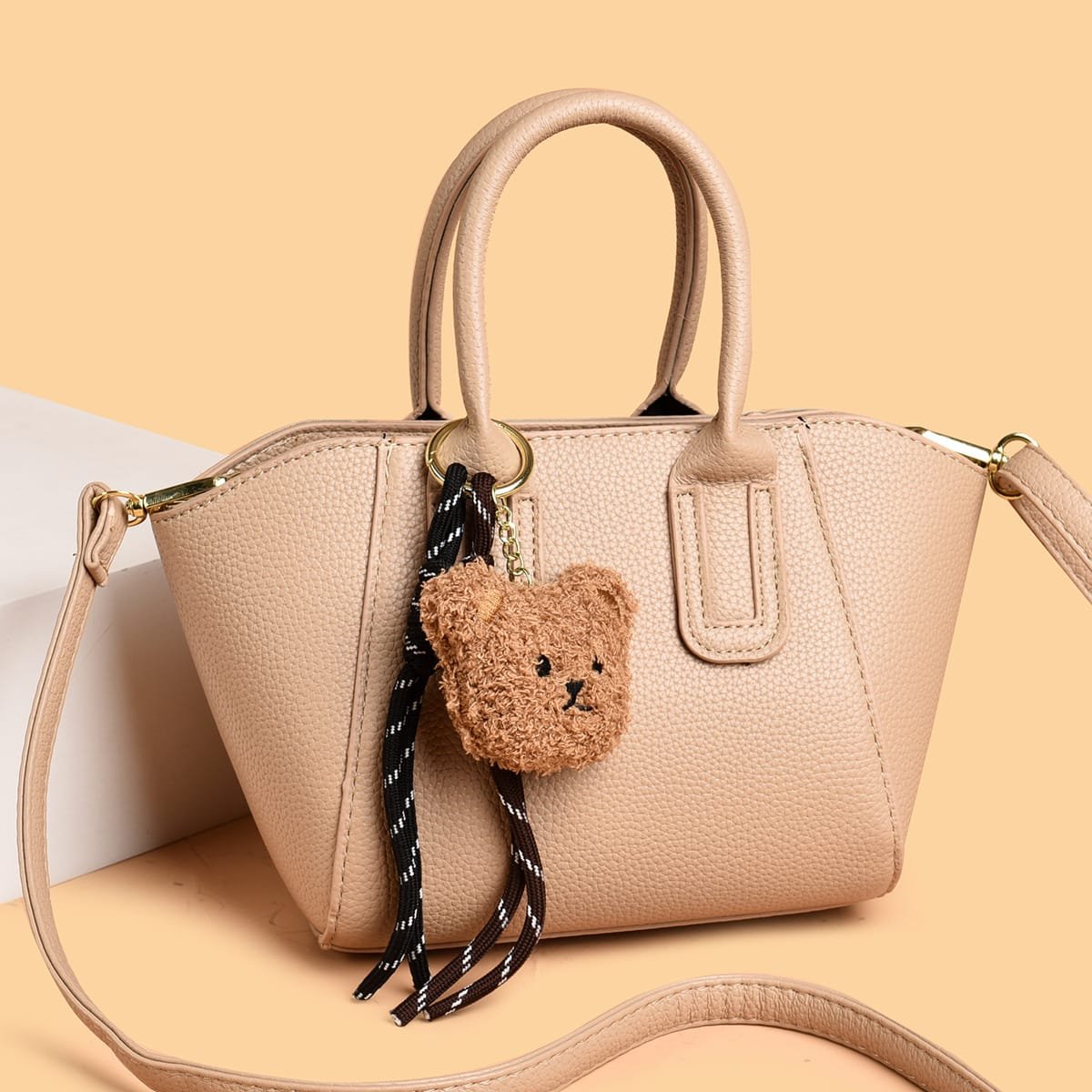 Women’s Premium Textured Handbag with Cute Teddy Bear Charm & Detachable Shoulder Strap