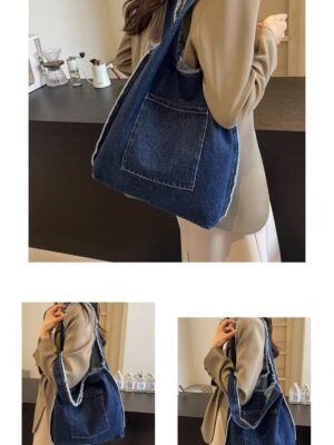 Women’s Denim Blue Shoulder Tote Bag | Stylish Casual Hobo Handbag with Front Pocket
