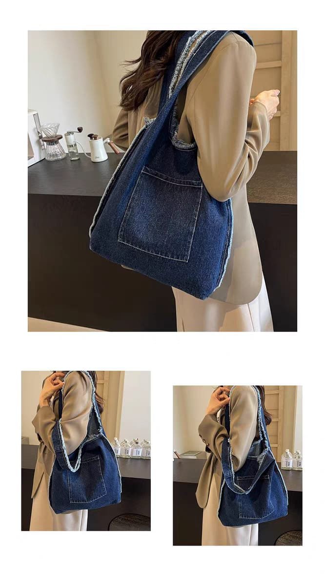 Women’s Denim Blue Shoulder Tote Bag | Stylish Casual Hobo Handbag with Front Pocket
