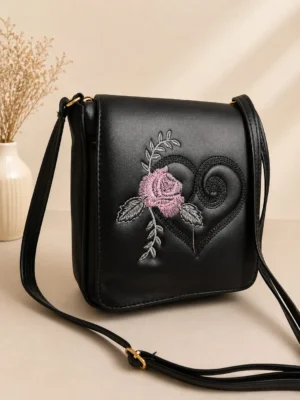 Floral Heart Embroidered Leatherette Flap Shoulder Bag