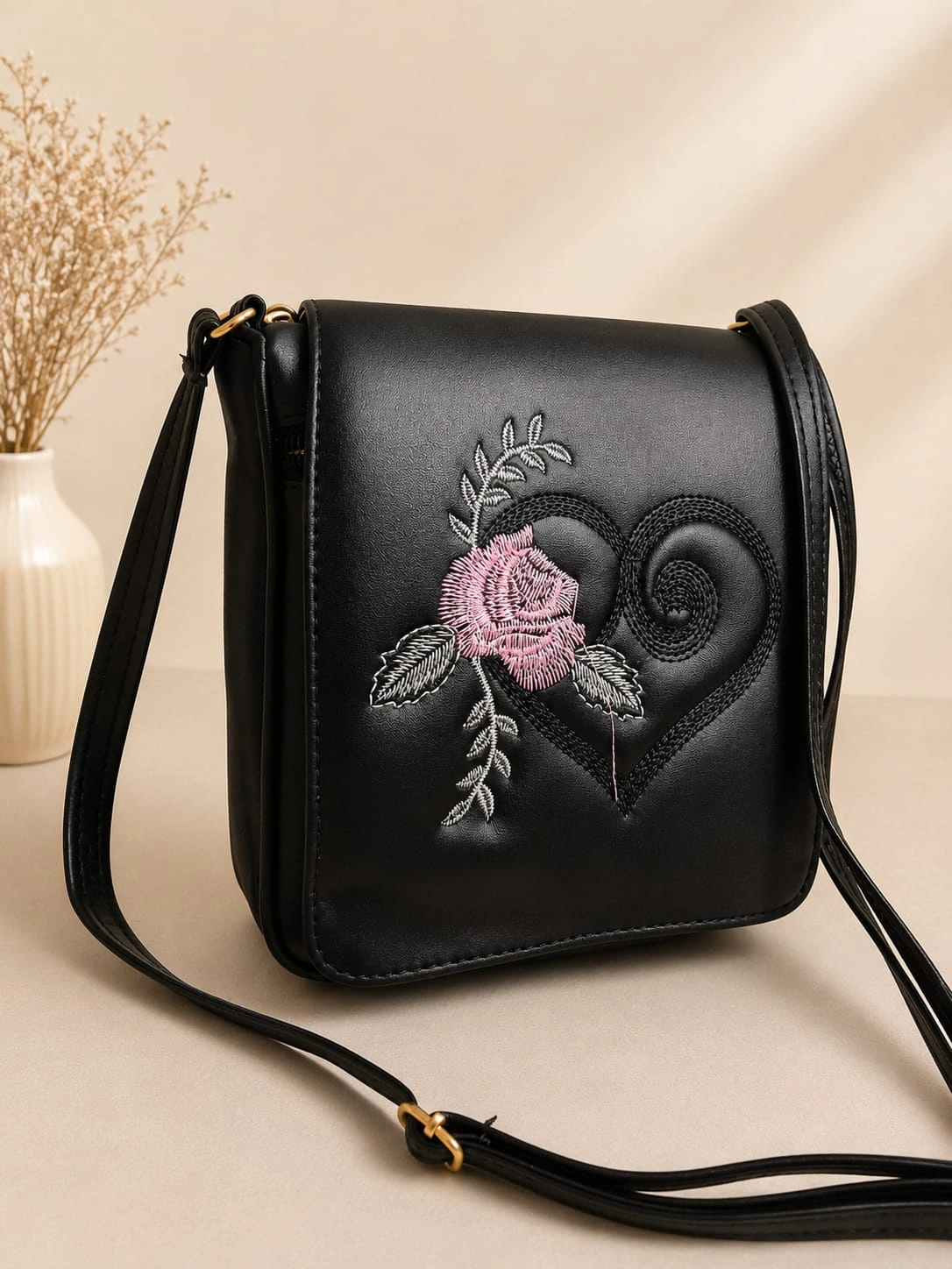 Floral Heart Embroidered Leatherette Flap Shoulder Bag