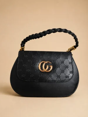 Elegant Embossed Handbag with Braided Top Handle and Gold-Tone Detailing