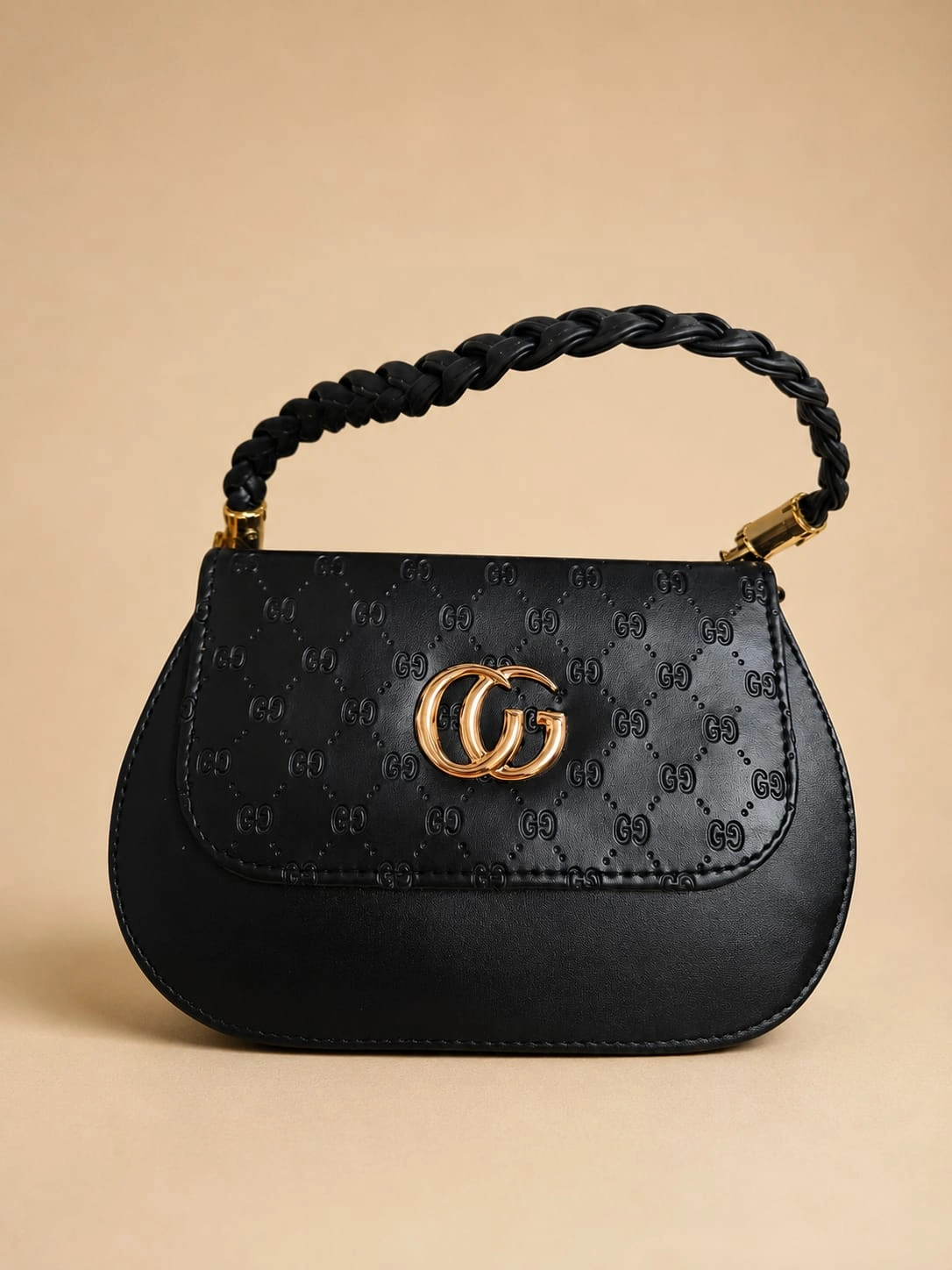 Elegant Embossed Handbag with Braided Top Handle and Gold-Tone Detailing