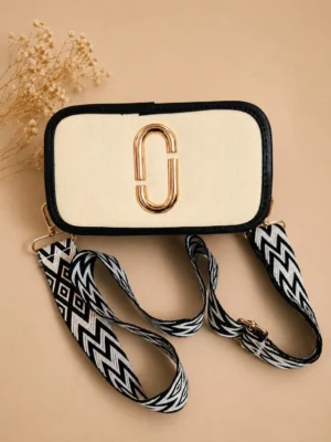 Elegant Compact Shoulder Bag with Adjustable Printed Strap