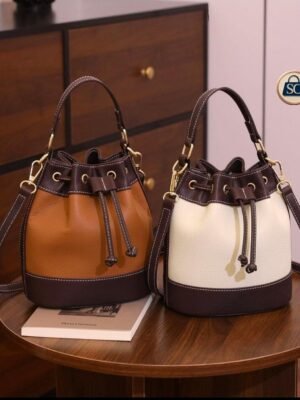 Women’s Stylish Drawstring Bucket Bag – Dual-Tone Shoulder & Crossbody Handbag